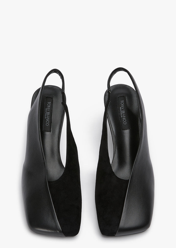 Bowie Black Nappa/Black Suede Heels